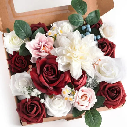 Artificial Flowers Combo Box: Cream Roses, Lavender, Baby's Breath - Romantic Gift Idea