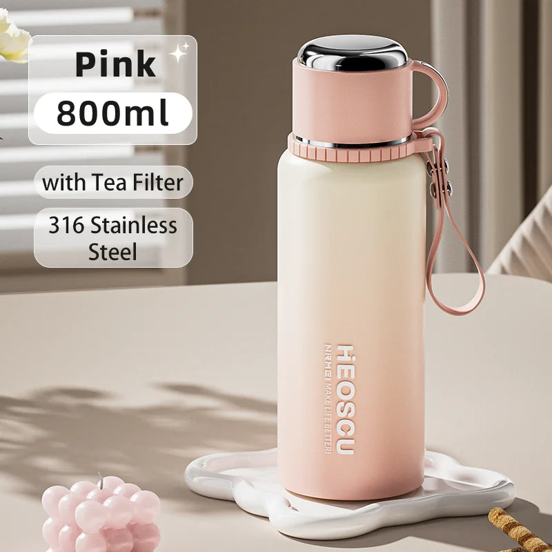 Large Stainless Steel Thermal Bottle, 1L, Temp Display, Tea Infuser