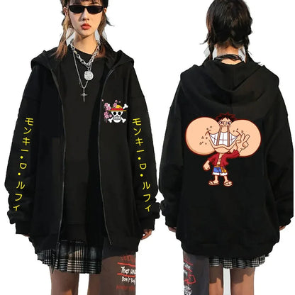 Black anime hoodie, back view, featuring Luffy and Zoro One Piece design.