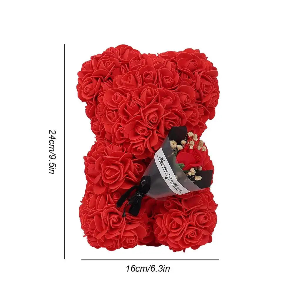 Red rose bear, close-up of artificial flower texture, Valentine's Day gift