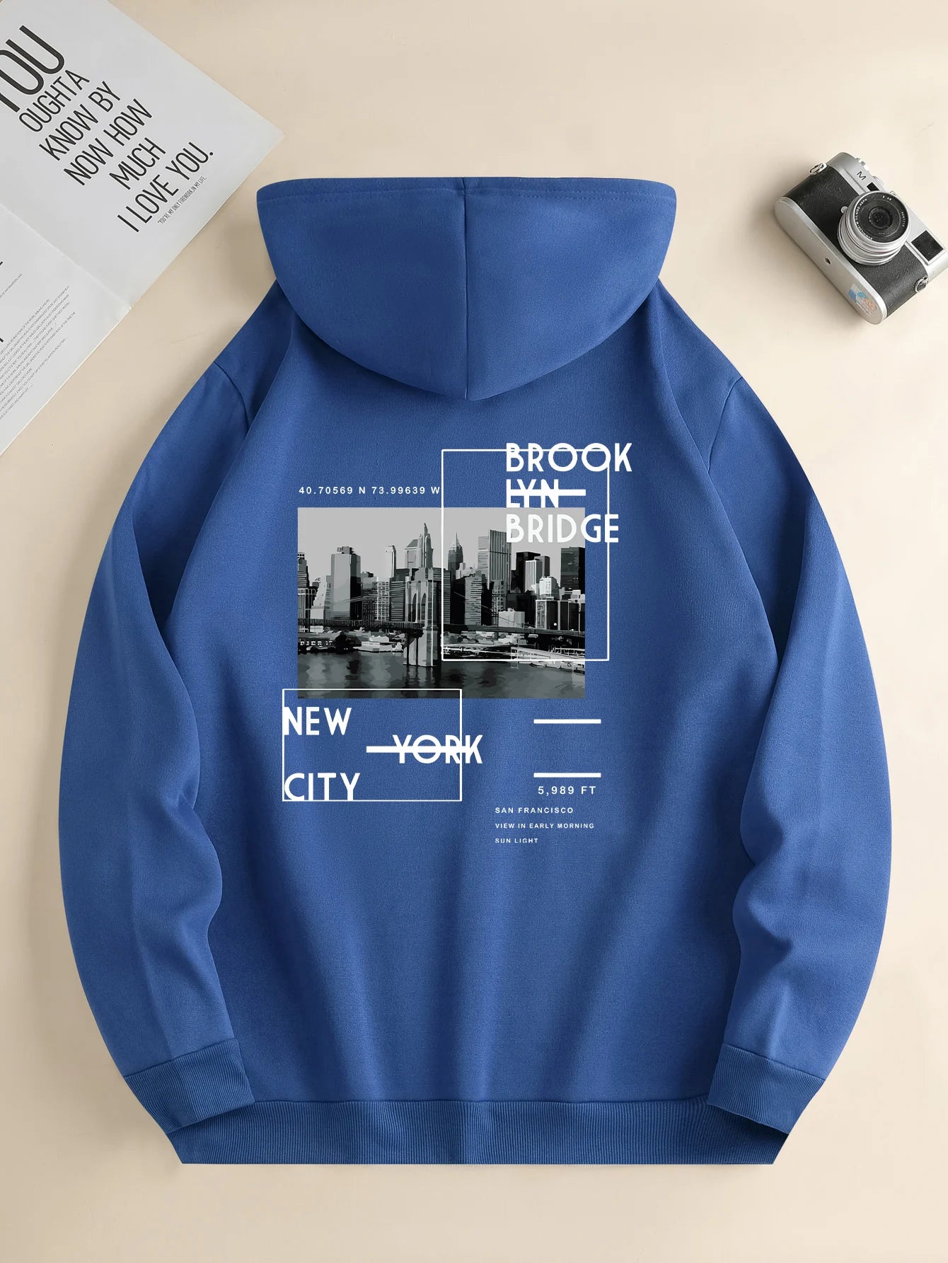 Men's hoodie, city print, close-up of design, Valentine's gift idea.