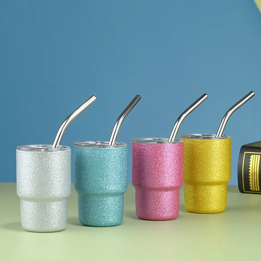 Gold 3 oz glitter tumbler, stainless steel, insulated, hot and cold drinks, with straw.