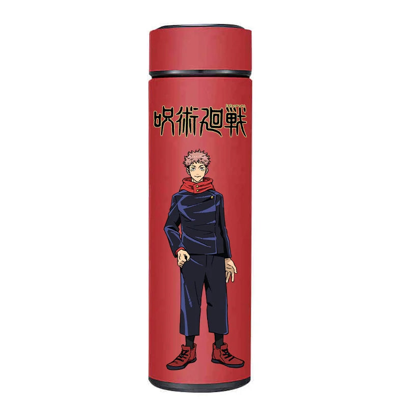 Jujutsu Kaisen thermos, close-up on Gojo, Nobara, and Yuji artwork.