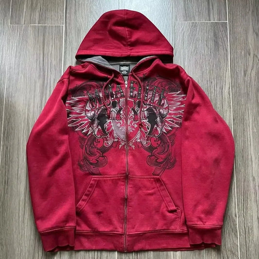 Red Y2K style full zip hoodie with skull and snake graphic print, designed for women.