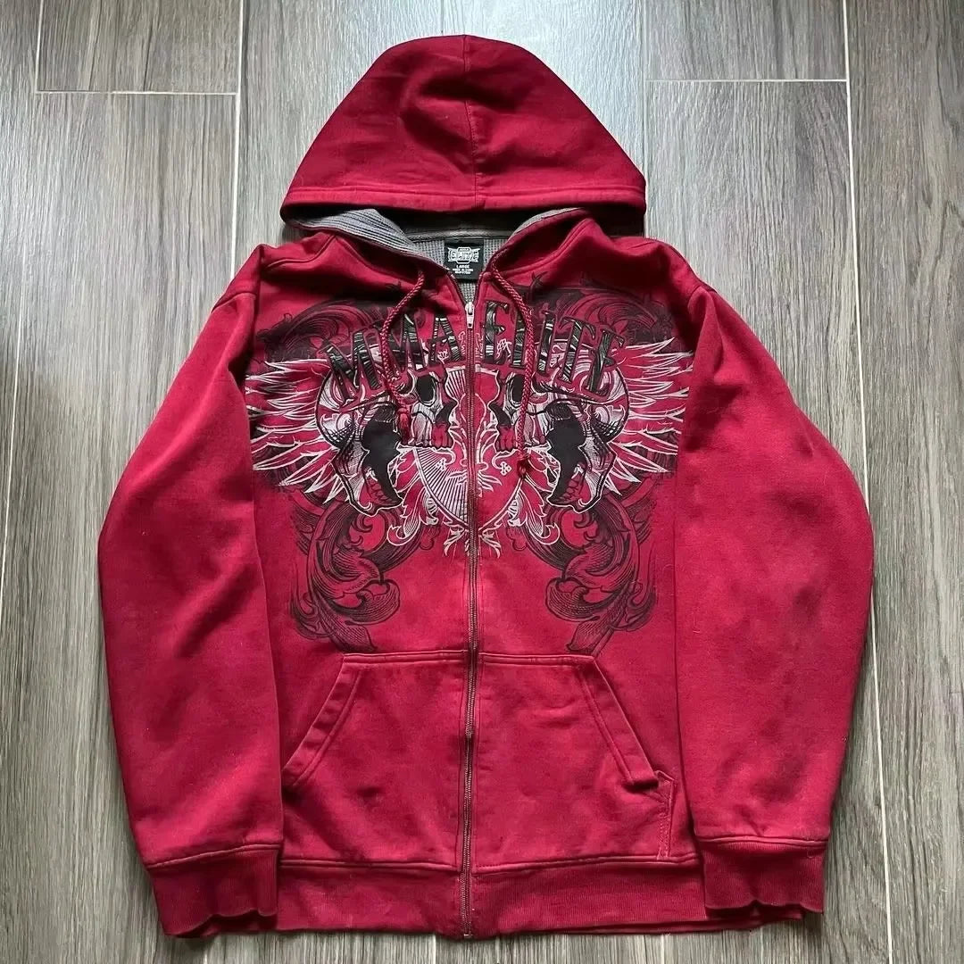 Red Y2K couple zipper hoodie with a vintage skull and snake print, perfect Valentine's Day gift