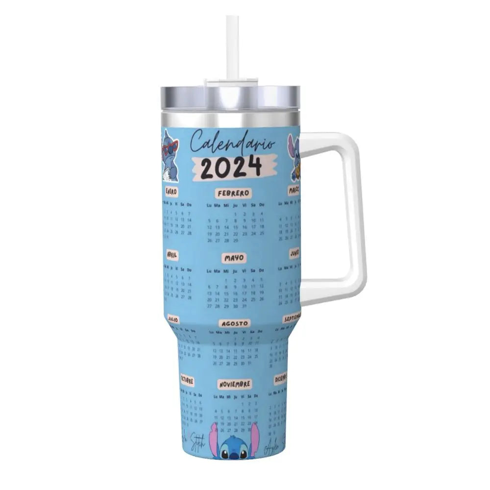 Top view of MINISO Stitch 40oz tumbler, lid and straw detail, insulated for hot and cold.