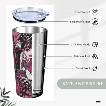 Draculaura themed stainless steel tumbler, 20oz, pink and black, with lid.