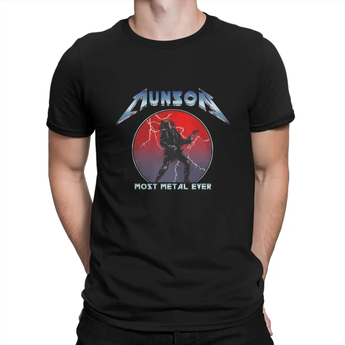 Front view of the Stranger Things Eddie Munson Most Metal Ever T-Shirt for men, showcasing the graphic print design.