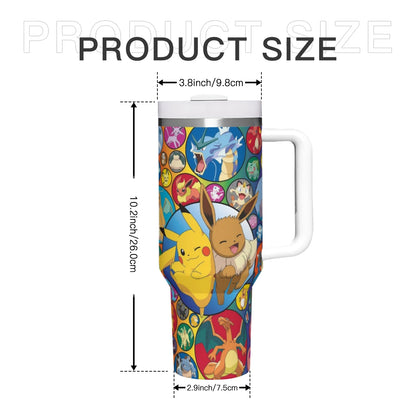 MINISO Pokemon Tumbler, 40oz, stainless steel, Charmander design with flames, handle and straw.