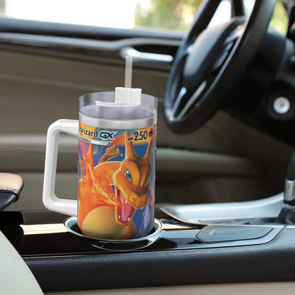 Charizard tumbler in a gym bag:Pack Your Charizard Pokemon Tumbler - Durable Stainless Steel Travel Mug for Gym, Work & Travel*Shows portability and suggests various usage scenarios.*