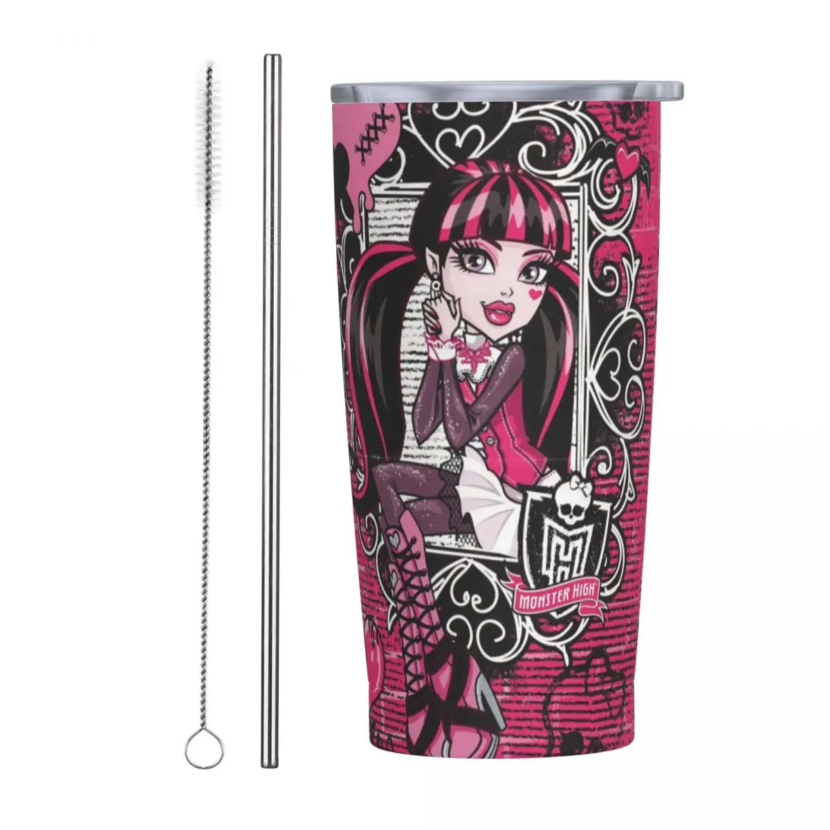 Stainless steel 20oz Draculaura tumbler, Monster High themed, pink, black, and white.