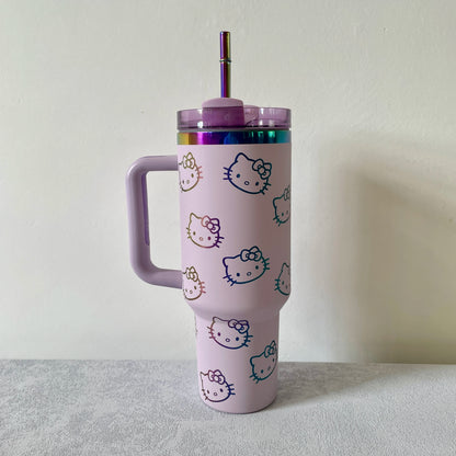 Hello Kitty design on 40oz insulated tumbler, detail.