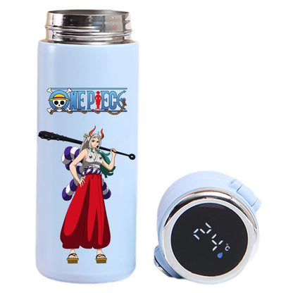 One Piece thermos: Luffy, Uta, Yamato design, smart temperature display.