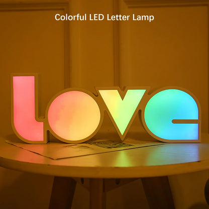 LED Neon Love Letters, USB powered, on a nightstand, romantic bedroom decor