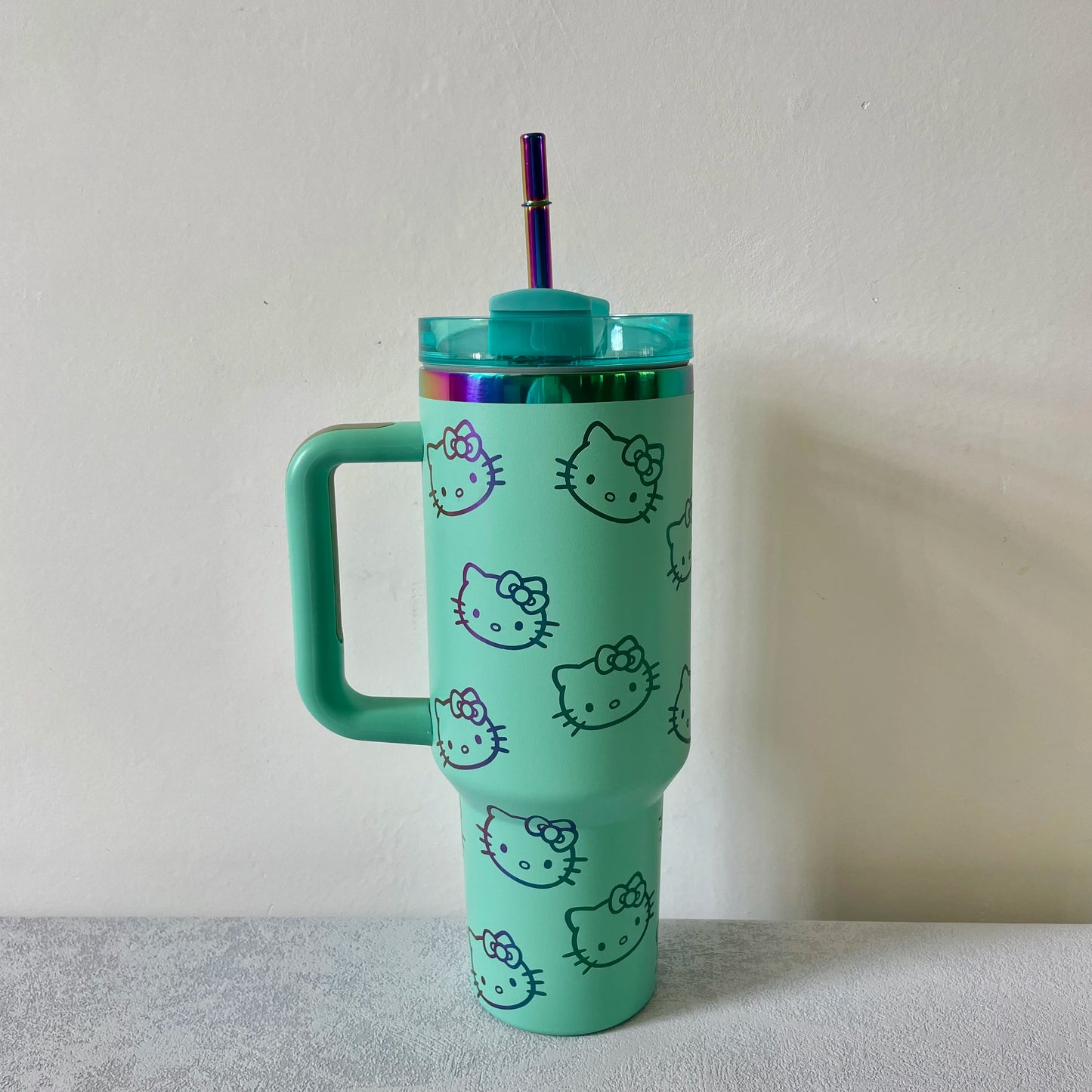 Hello Kitty 40oz tumbler, stainless steel, front view.