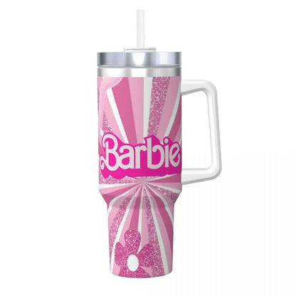 MINISO Barbie 40 oz Tumbler, Pink, Stainless Steel, Insulated, Handle, Straw