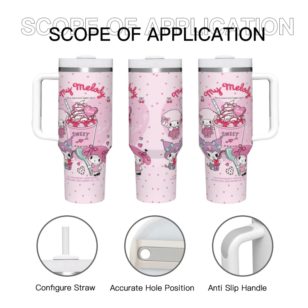 Sanrio Hello Kitty 40oz Tumbler, Pink, Side View, Handle and Straw