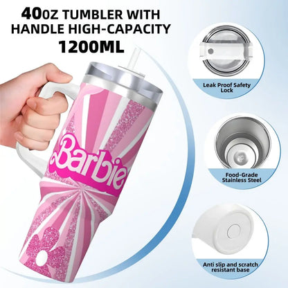 Pink Barbie 40 oz Tumbler, MINISO, Stainless Steel, Insulated, Handle, Straw Included