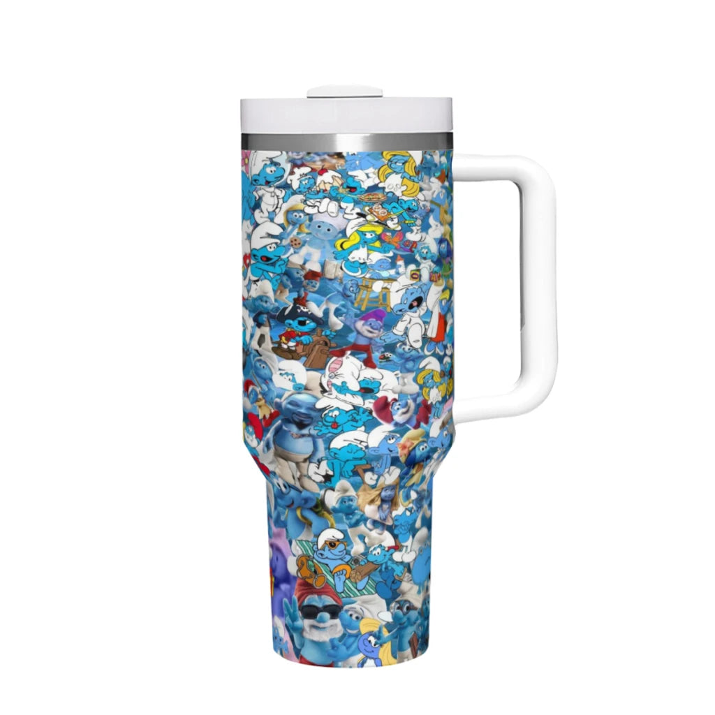 40oz Smurfs tumbler, close-up, showing character details.