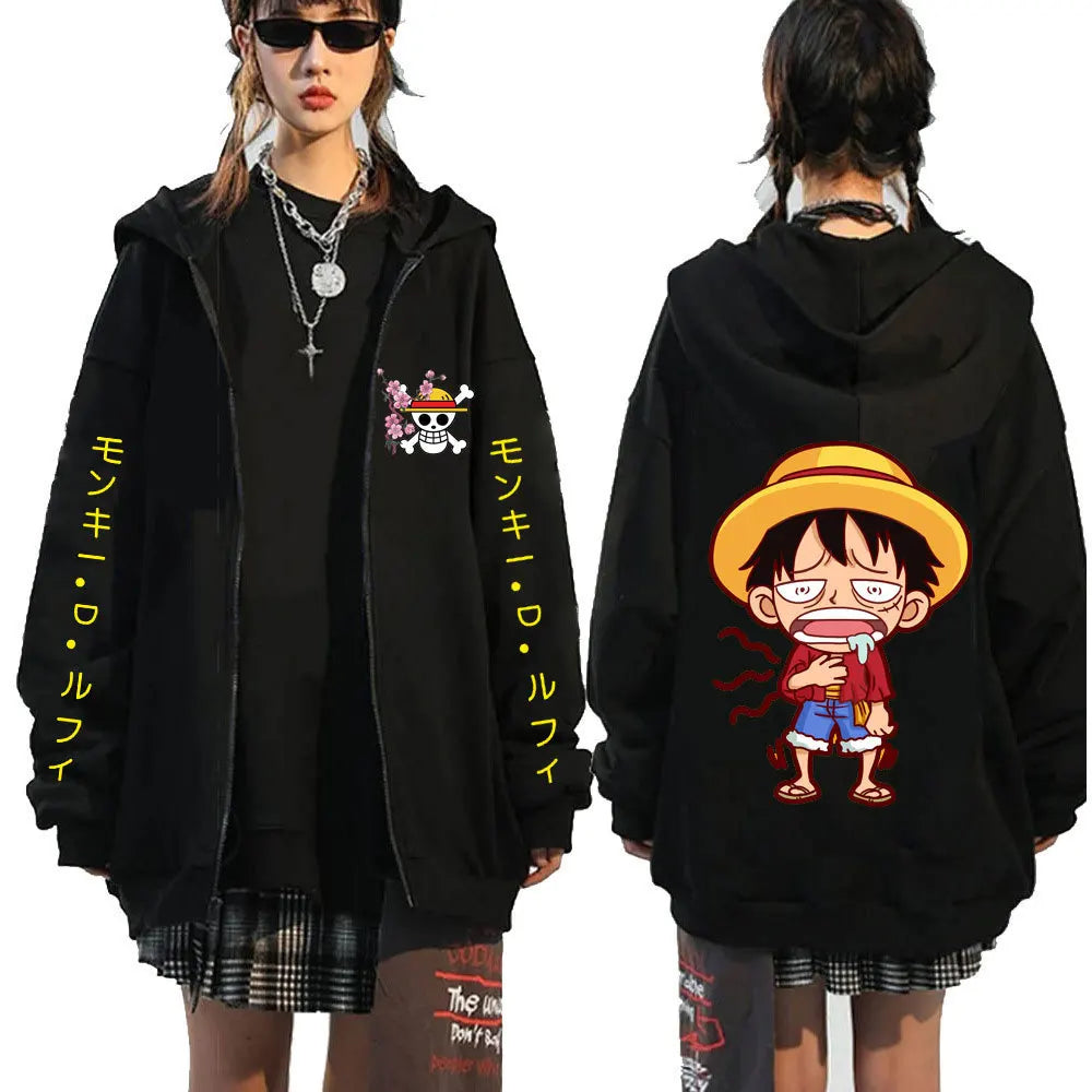 One Piece Anime Hoodie Back Detail. (Highlights the back view, a specific perspective.)