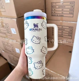 Hello Kitty insulated tumbler, 40oz, straw detail, side view.