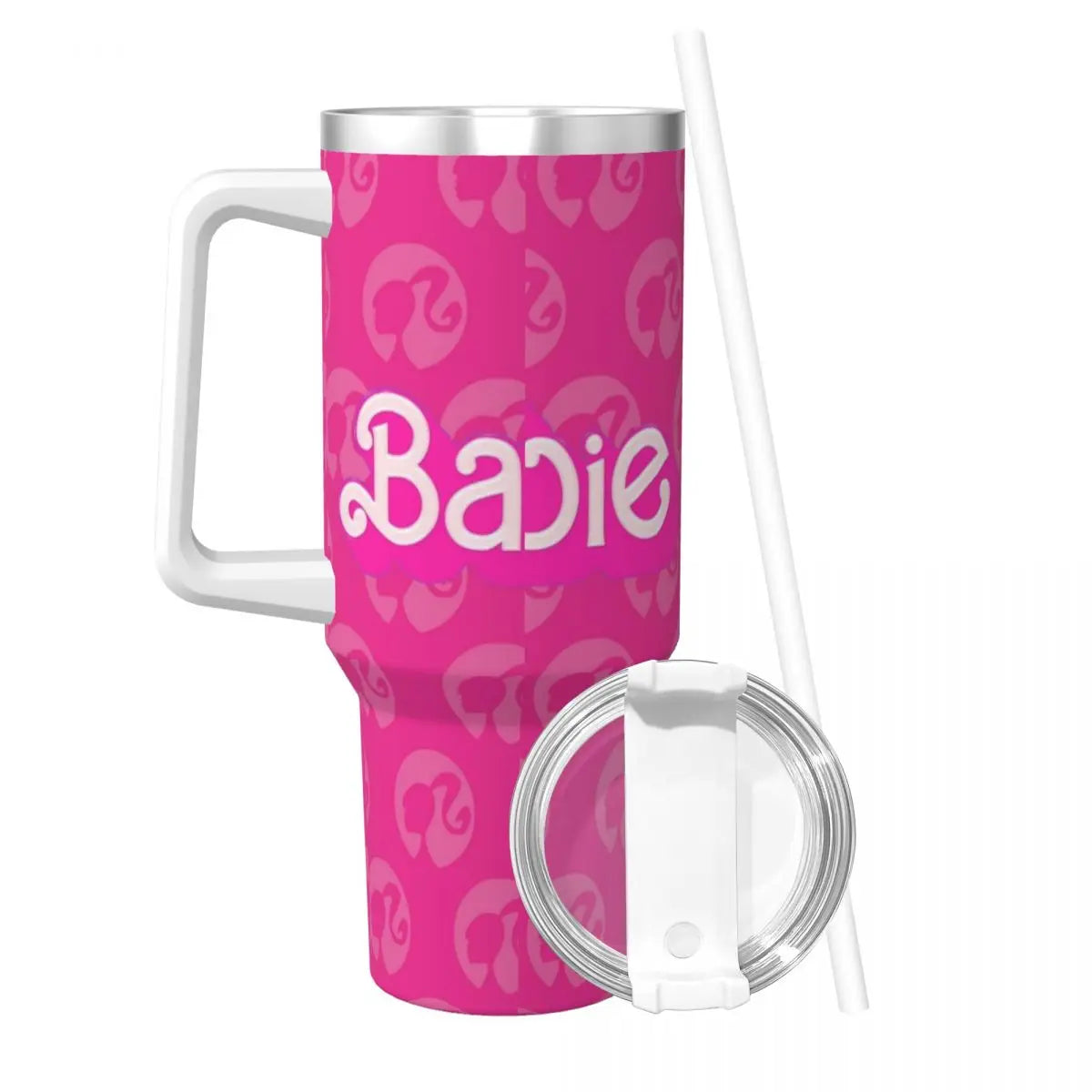 MINISO Barbie 40 oz Tumbler, Pink, Stainless Steel, Insulated, Handle, Straw