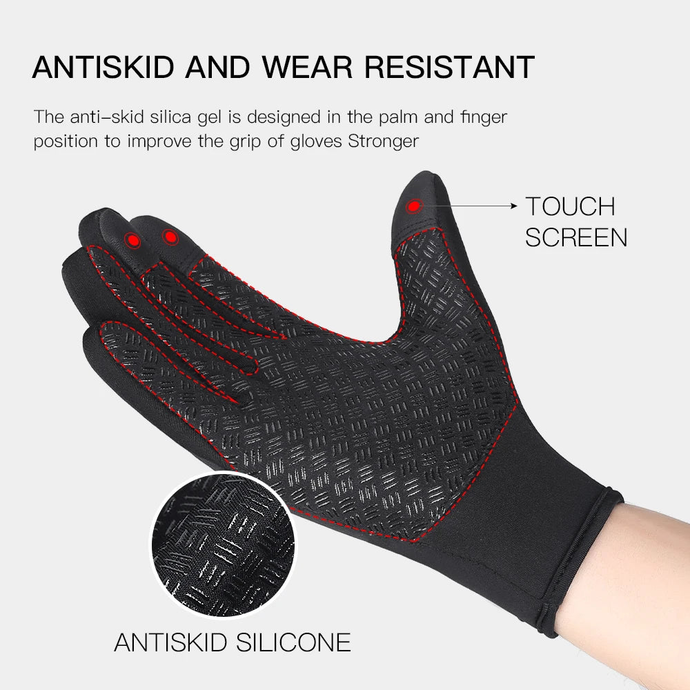 Winter gloves on hand, using phone with secure grip.