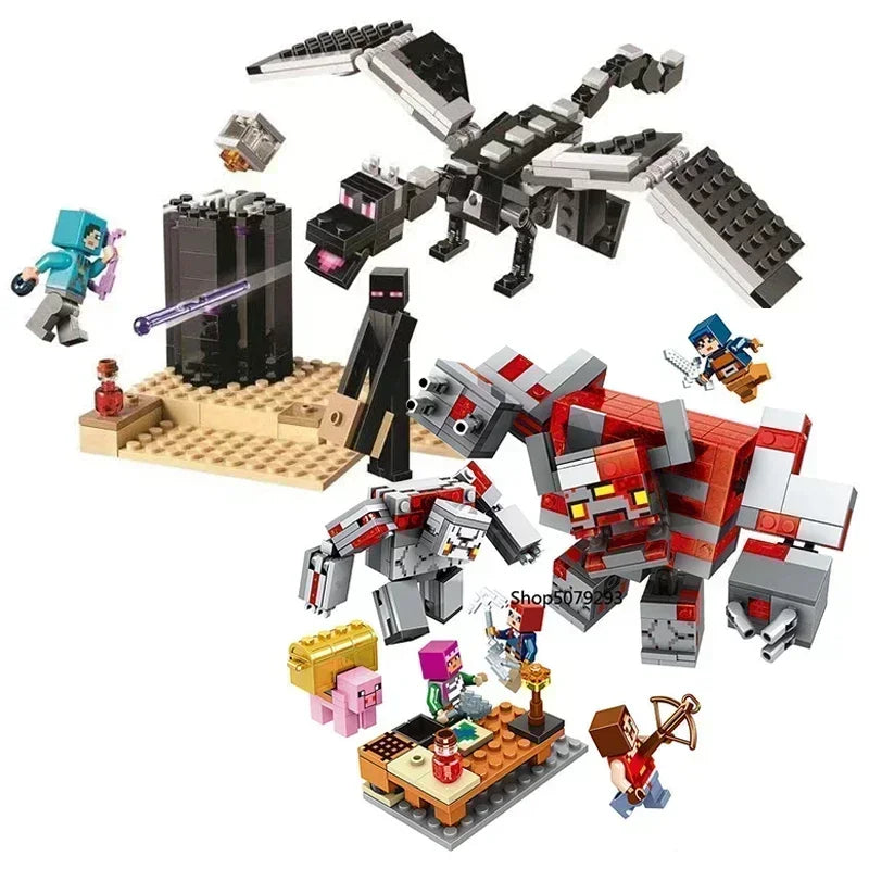 Minecraft Building Blocks Set: The Mountain Cave, Redstone Battle, Ender Dragon, and The Deep Dark Battle, perfect for kids and fans.