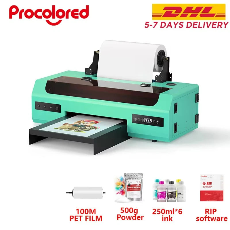 Procolored L1800 DTF Printer - Complete DTF Kit:All-in-one DTF printing kit including printer, inks, film, and powder for printing on dark garments.