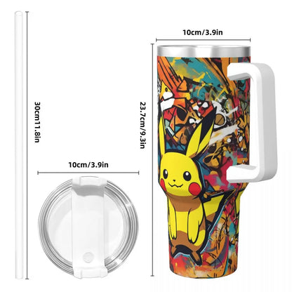 Charmander, Squirtle, and Bulbasaur featured on this Pokémon Insulated Travel Mug. Perfect for keeping drinks hot or cold on the go. (Highlights other characters and reinforces temperature control benefit)