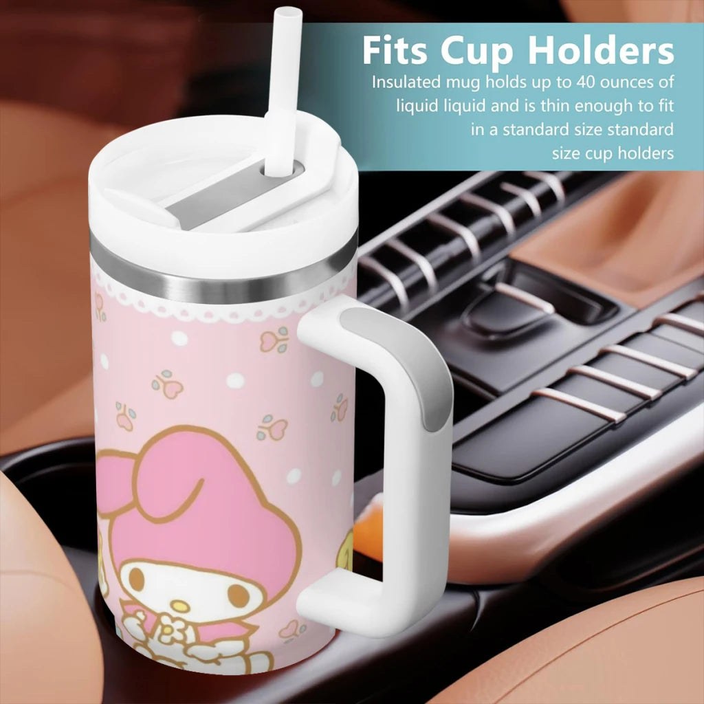 40oz insulated tumbler with Hello Kitty design, handle, straw, stainless steel.