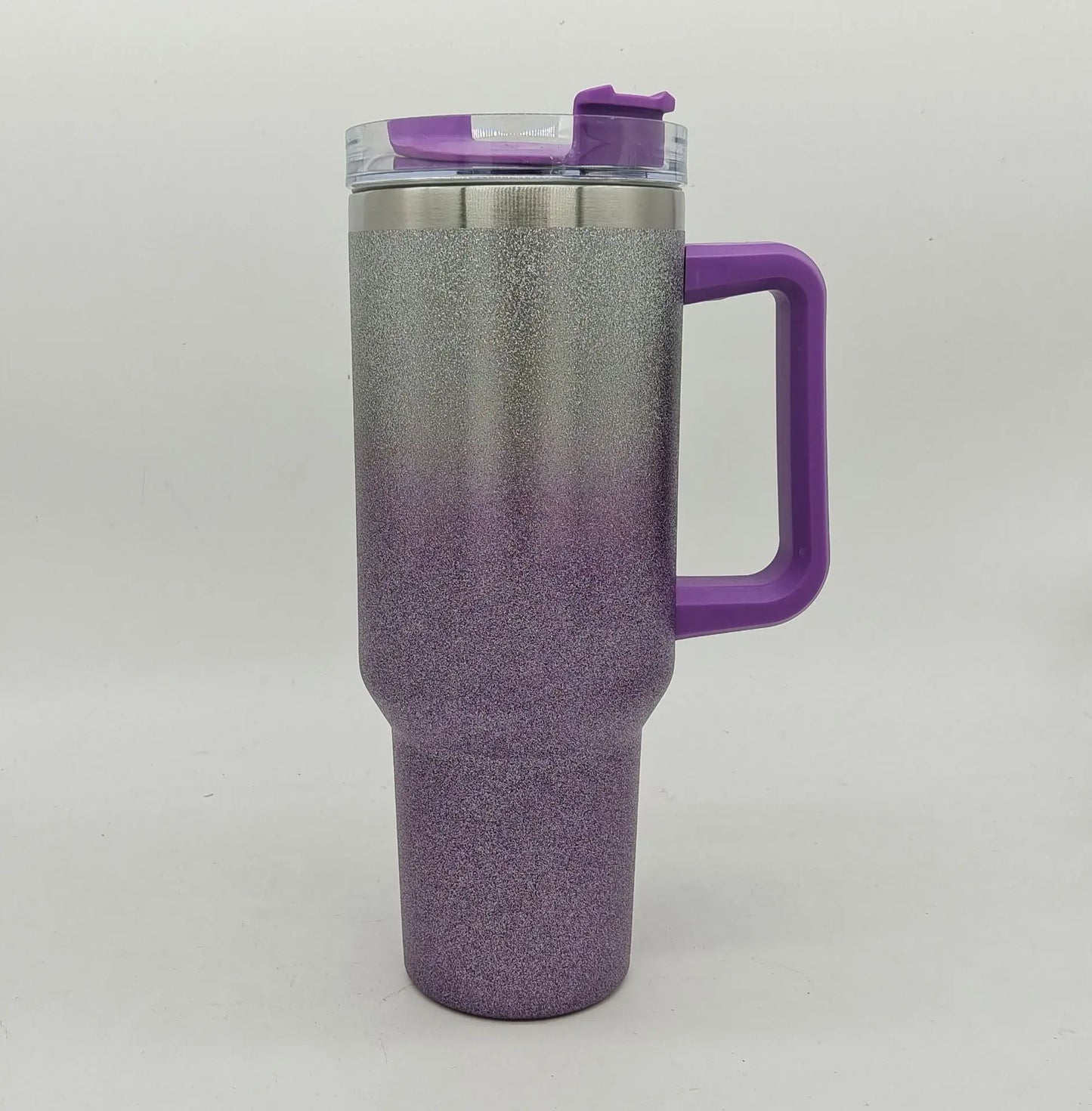 DUTRIEUX 40oz insulated tumbler, rainbow glitter, handle and straw, side view highlighting handle.