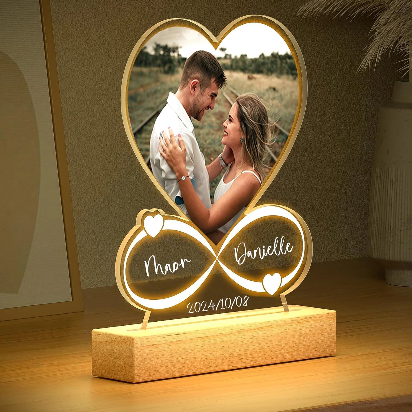 Romantic Valentine's Gift: Side View of Photo Frame with Soft LED Glow.