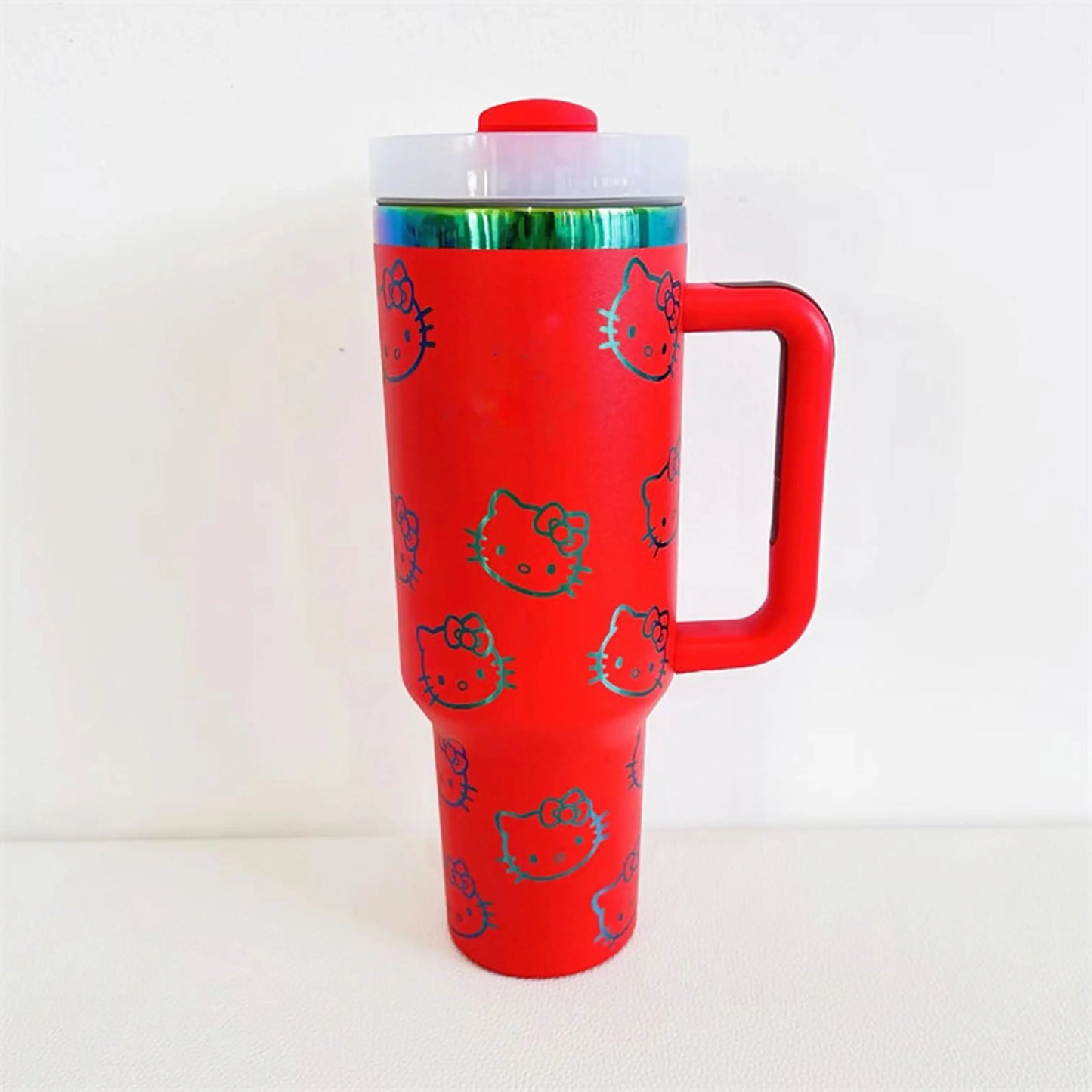 40oz Christmas Hello Kitty Tumbler - 2024, Showing Straw and Lid