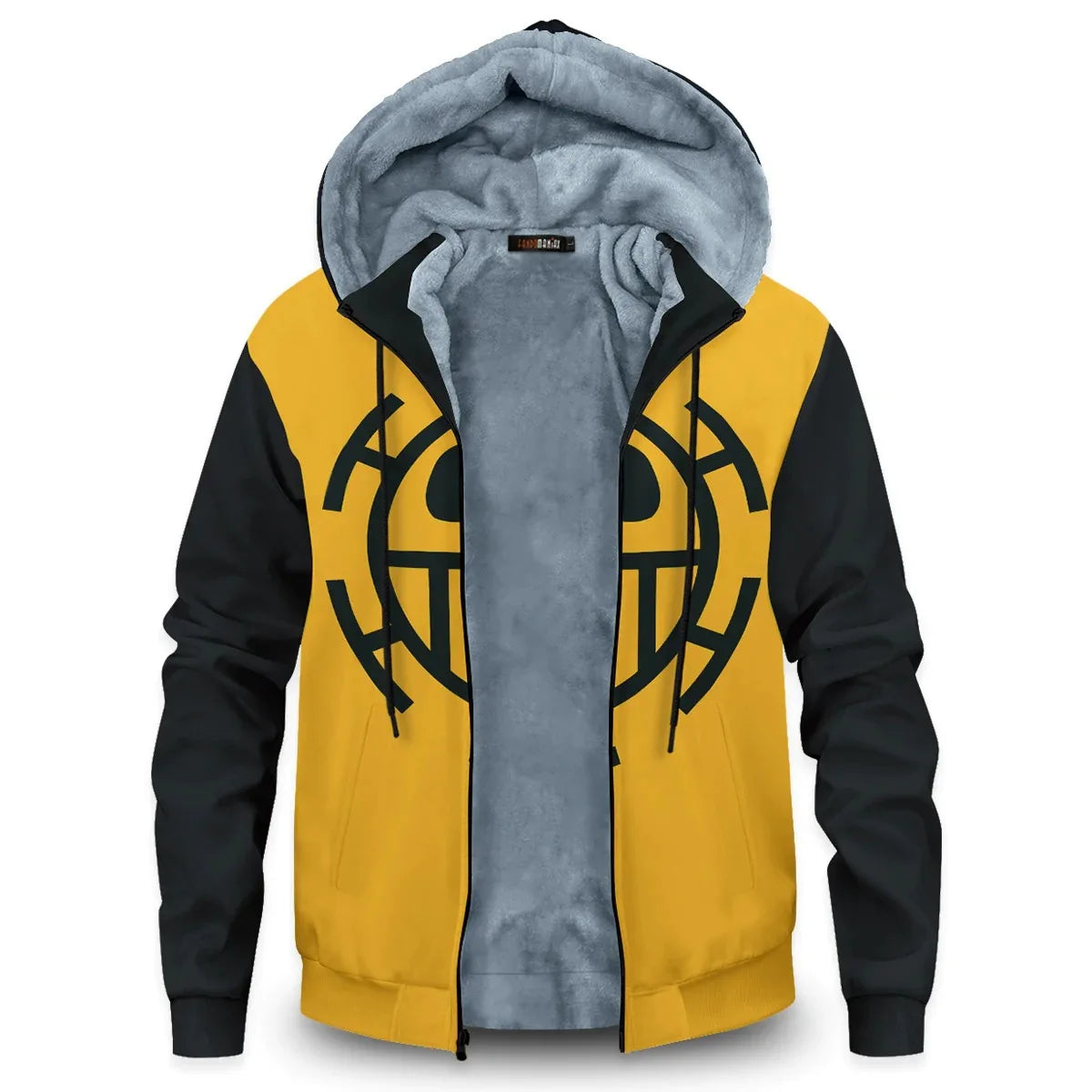 Pirate King zip-up hoodie, detail of 3D printed front design.