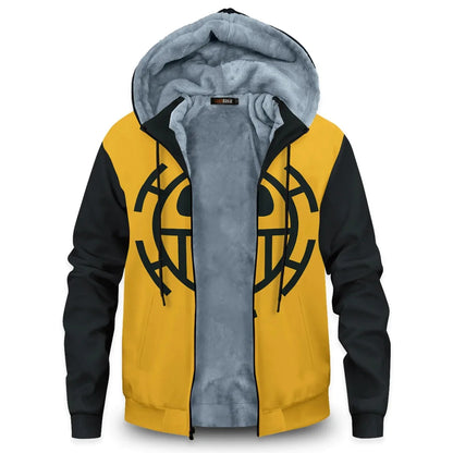 Pirate King zip-up hoodie, detail of 3D printed front design.