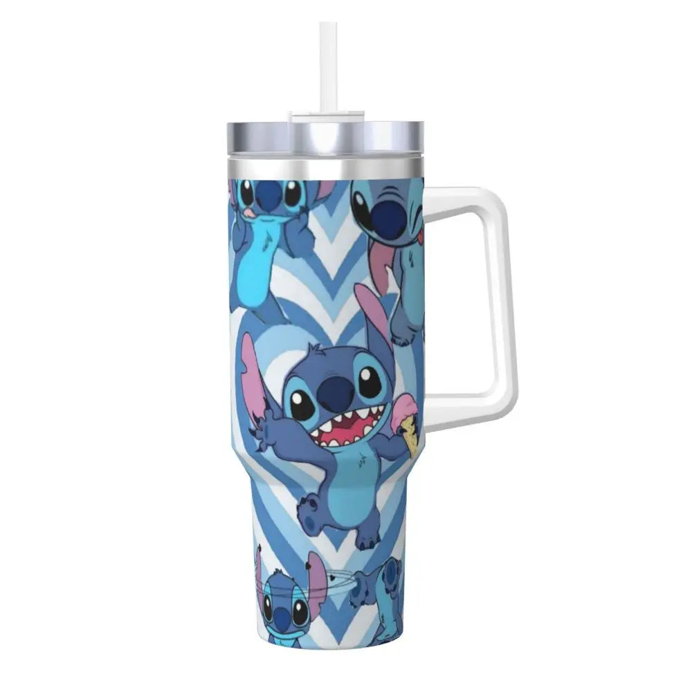 MINISO Disney Stitch tumbler, 40oz capacity, insulated, featuring straw and handle, angled view.