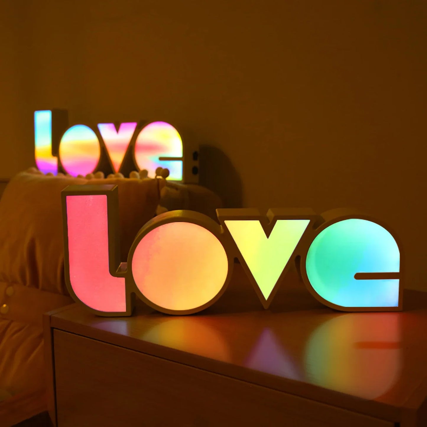 LED Neon Love Letters Lamp, pink glow, close-up, lit, Valentine's Day gift idea