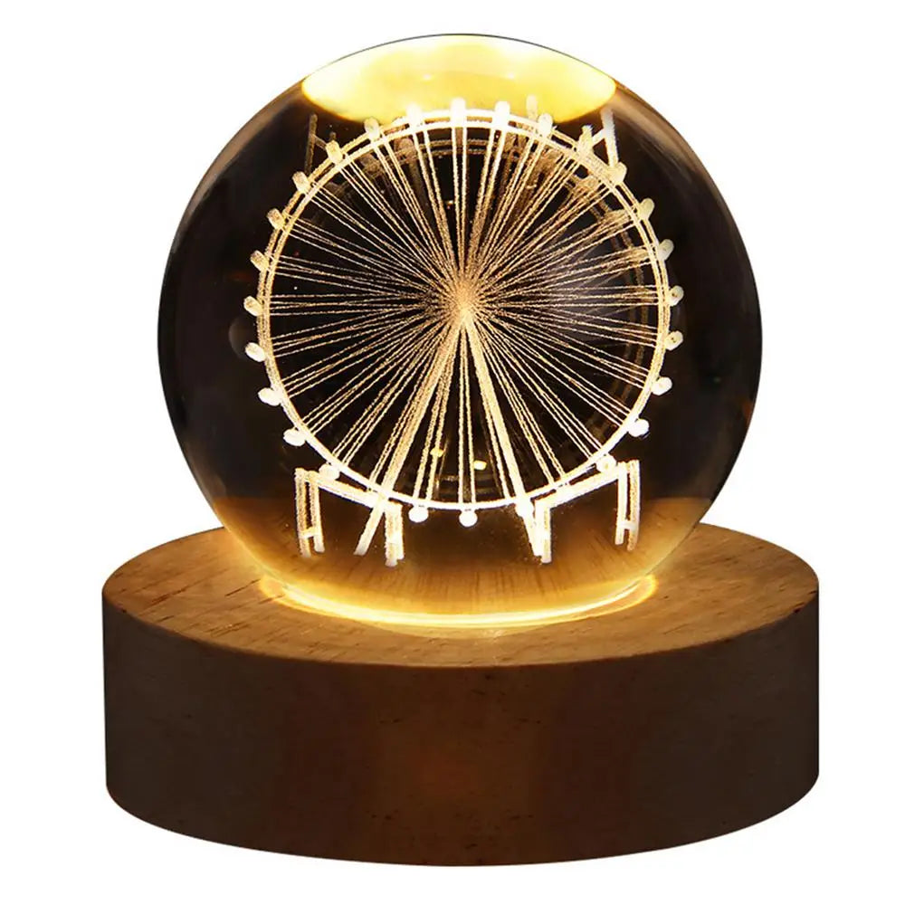 Crystal Ball Night Light with Moon, Side View, Wooden Base Details