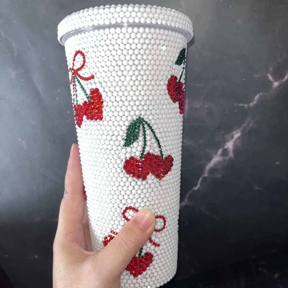 Handmade white tumbler, cherry design, 22oz, with sparkling rhinestones.