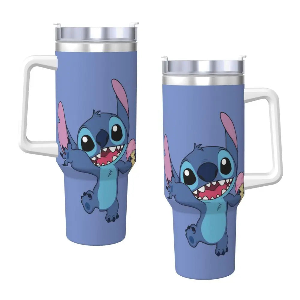 Stitch 40oz insulated tumbler by MINISO, side view showcasing handle and straw.