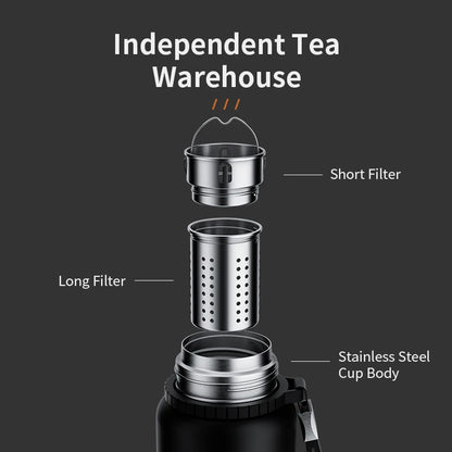 nRMei Thermos with Temperature, Stainless Steel, Hot and Cold Drinks, Tea Filter, Carry Rope