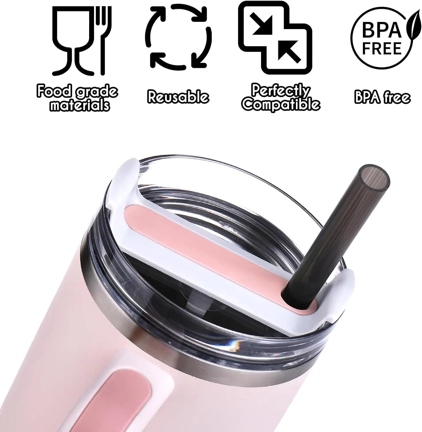 Close-up of black reusable straw inserted in a 40 oz Stanley tumbler, durable and eco-friendly.