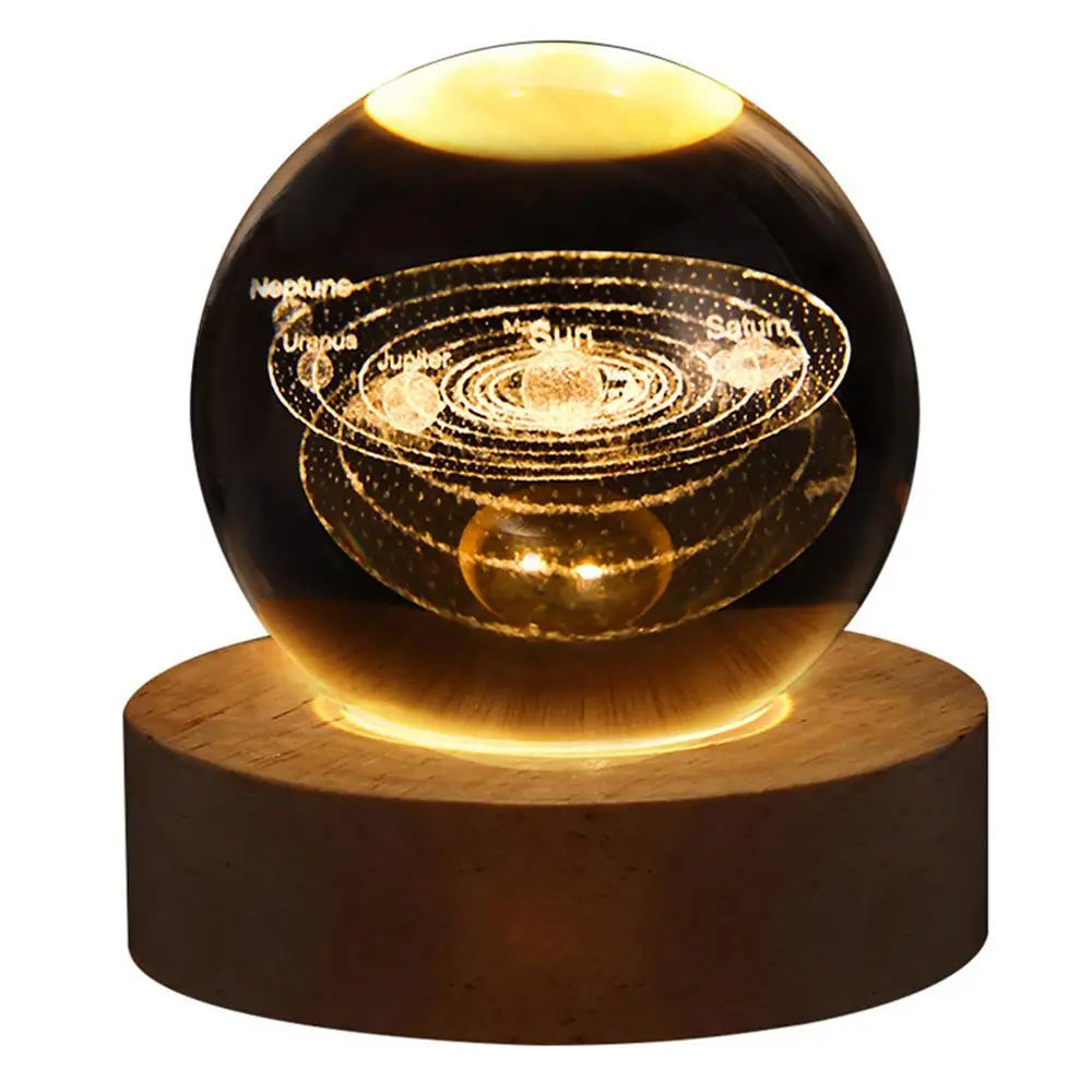 Crystal Ball Night Light with Moon, Side View, Wooden Base Details