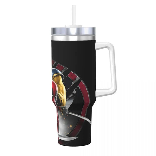 Deadpool & Wolverine 40oz Stainless Steel Tumbler, Deadpool & Wolverine Tumbler Close-up, Deadpool & Wolverine Tumbler with Lid