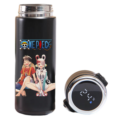 Thermos cup featuring Luffy, Uta, Yamato from One Piece, smart display.