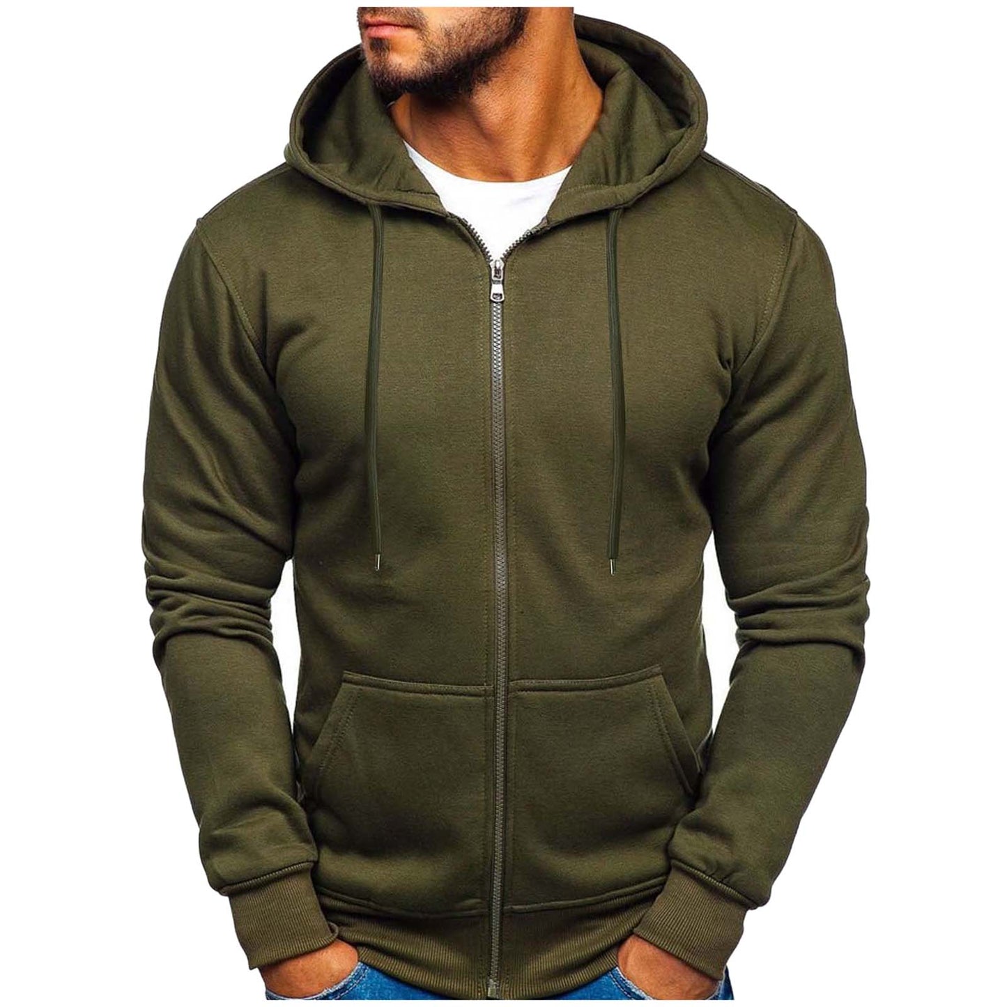 Men's Forest Green Fleece Hoodie - Interior View, Showcasing Fleece Lining