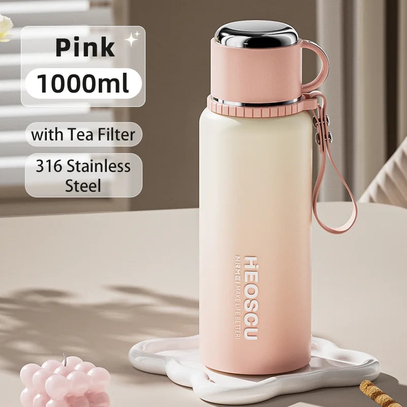 Large Stainless Steel Thermal Bottle, 1L, Temp Display, Tea Infuser