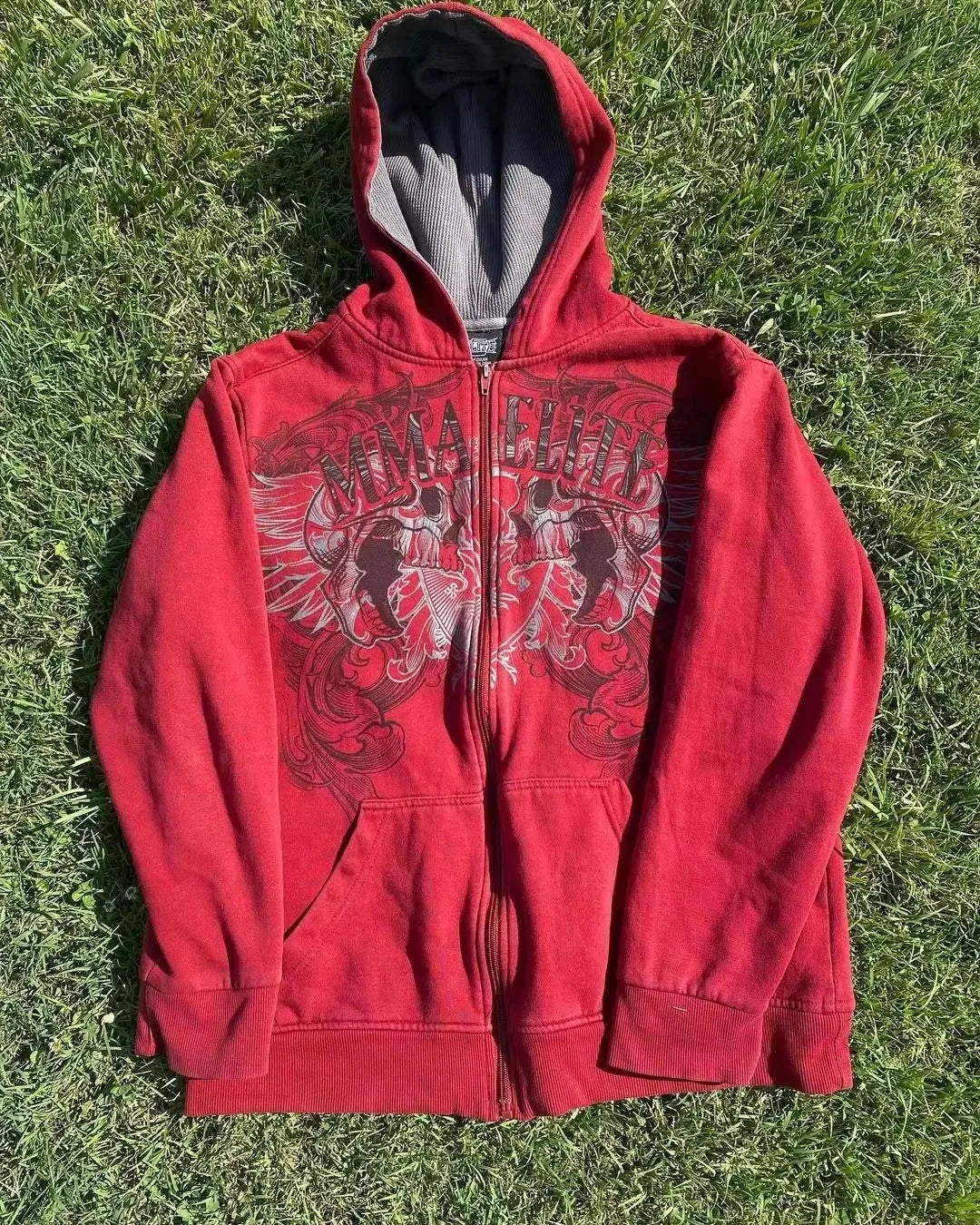 Red Y2K full zip hoodie, back view, showing skull and snake print, women's.