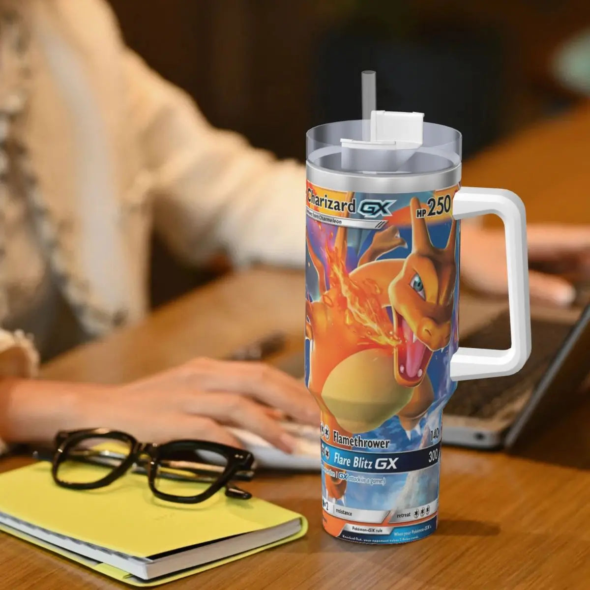 Person holding the Charizard tumbler:Enjoying Hot Coffee in Charizard Insulated Tumbler - Spill-Proof Pokemon Travel Mug*Demonstrates use, highlights insulation, and suggests a benefit (spill-proof).*